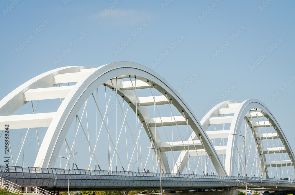 Novi Sad, Serbia - July 17. 2019: Zezelj bridge on river Danube in Novi Sad Serbia. The prospect of built New Zezelj Bridge viewed from the Petrovaradin side of the promenade