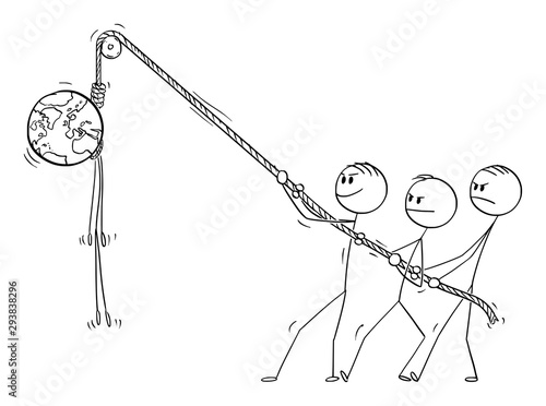 Vector cartoon stick figure drawing conceptual illustration of people hanging planet Earth hanged on the rope. Death of the world, environmental preservation concept.