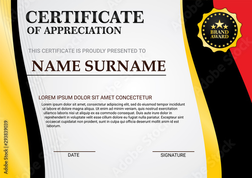 Landscape certificate background template with gold, black & red curved frame. Vector.