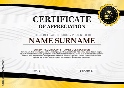 Landscape certificate background template with gold, black curved frame decorated with thin stripes. Vector.