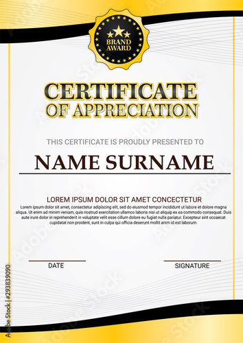 Portrait certificate background template with gold & black curved frame & golden border, decorated with thin stripes. Vector.