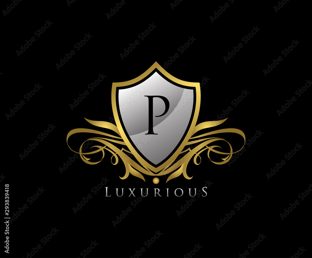 Obraz premium Luxury Gold Shield P Letter Logo Icon. Elegant P Letter Icon.