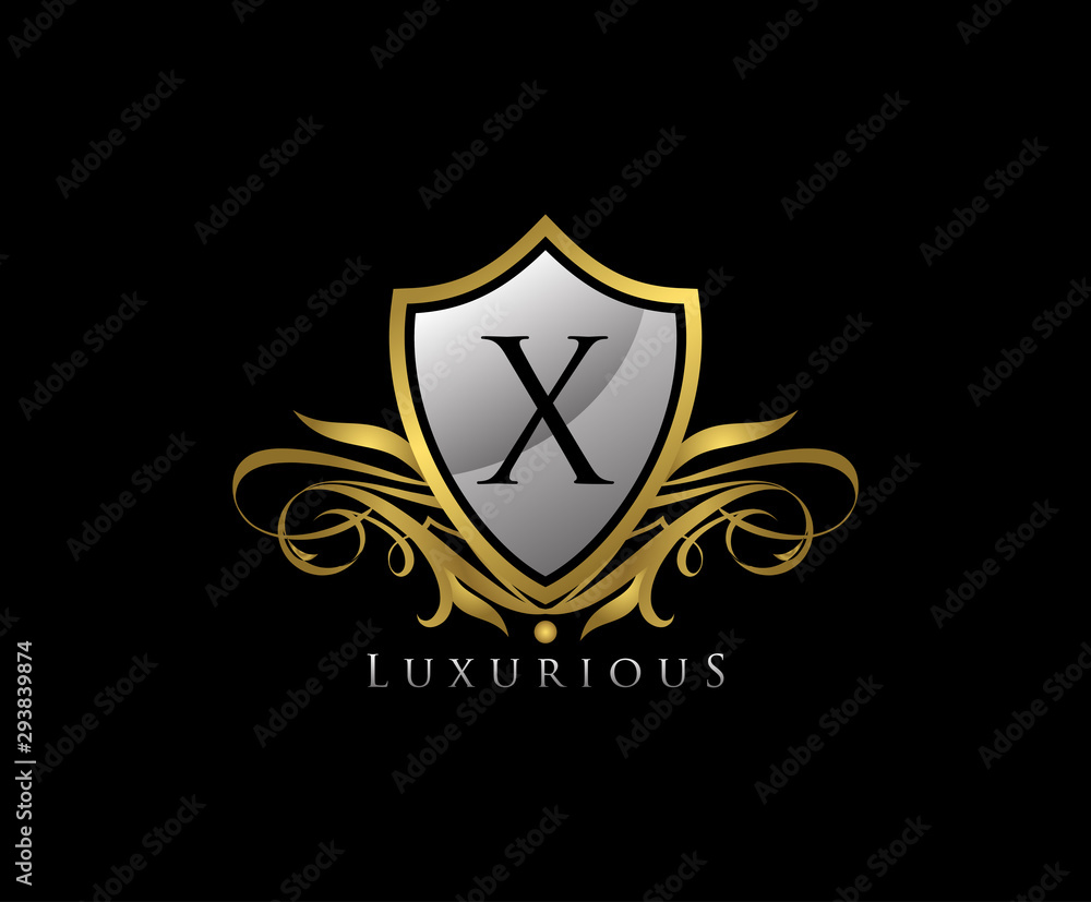 Obraz premium Luxury Gold Shield X Letter Logo Icon. Elegant X Letter Icon.
