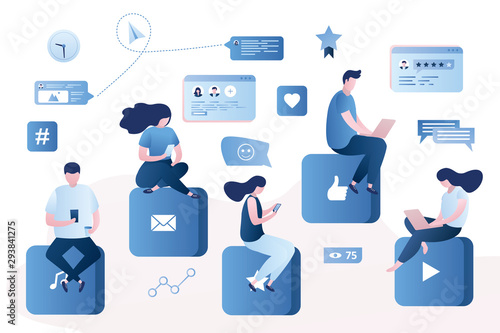 Internet social communication between various people. Male and female characters sitting on big buttons and chatting.