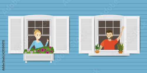 The outer wall of the house with windows. Happy people look out of windows and talk