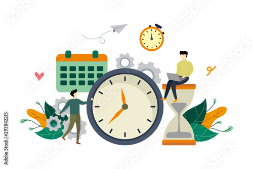Work time management flat illustration with big clock and small people concept vector template, suitable for background, landing page, ui, ux, advertising illustration