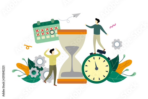 Work time management, deadline flat illustration with big hourglass and small people concept vector template, suitable for background, landing page, ui, ux, advertising illustration