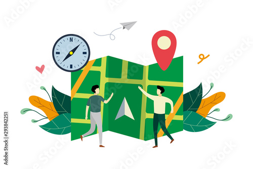 GPS navigation system, location on the city map flat illustration with small people concept vector template, suitable for background, landing page, ui, ux, advertising illustration