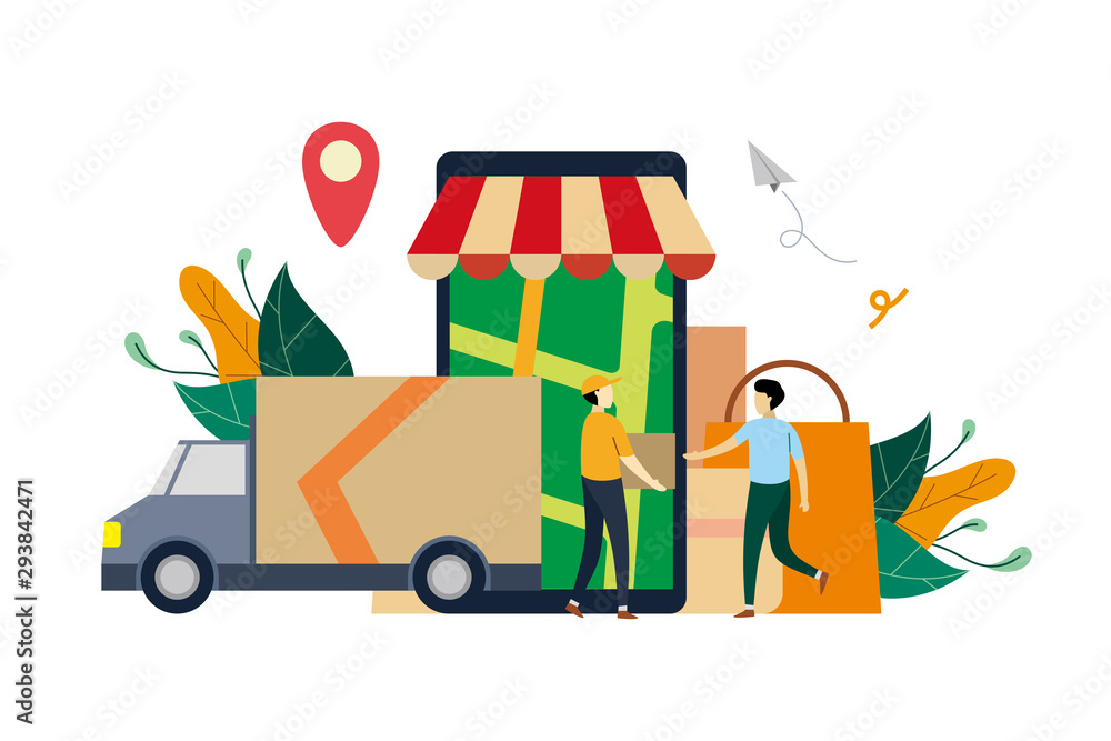 Fototapeta premium Online logistic delivery service, order tracking flat illustration with small people concept vector template, suitable for background, ui, ux, advertising illustration