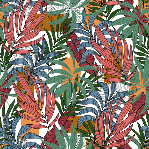 Summer seamless tropical pattern with beautiful pink and green leaves and plants on a light background. Exotic wallpaper. Hawaiian style. Beautiful print with hand drawn exotic plants.