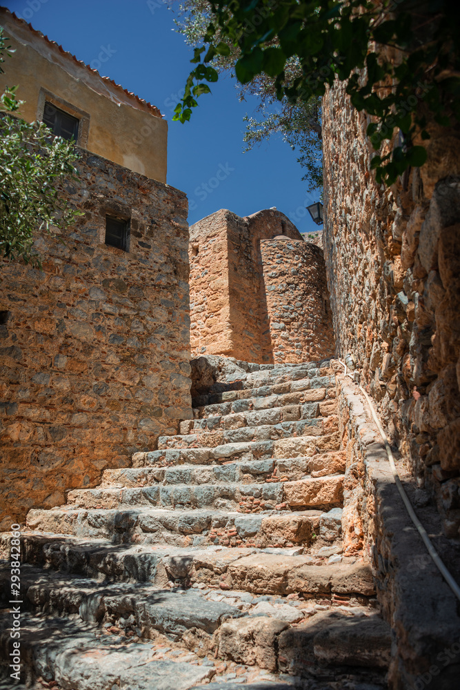 The old village of Monemvasia, Peloponnese, Greece with its charming narrow Streets, Restaurants, Shops and massiv walls