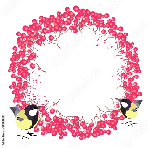 Autumn decorative frame of bunches of ripe red viburnum, harvest of berries, and cute tits, vector clip art