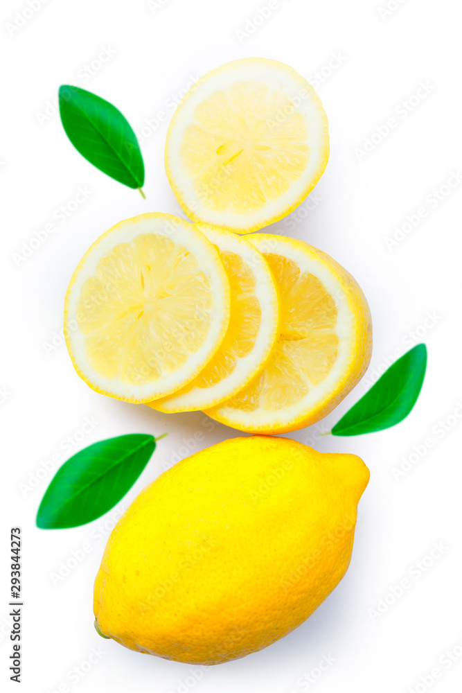 flat lay lemon and slices isolated on white background flat lay lemon and slices isolated on white background