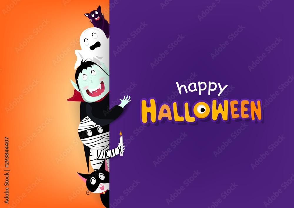 Happy Halloween greeting card, celebrate invitation poster, festive party holiday, cartoon characters vector illustration