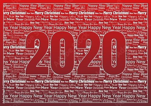 Christmas red background filled with font texture and number 2020. Editable vector illustration for greeting card, cover, flyer, banner, congratulation, New Year and Christmas design.