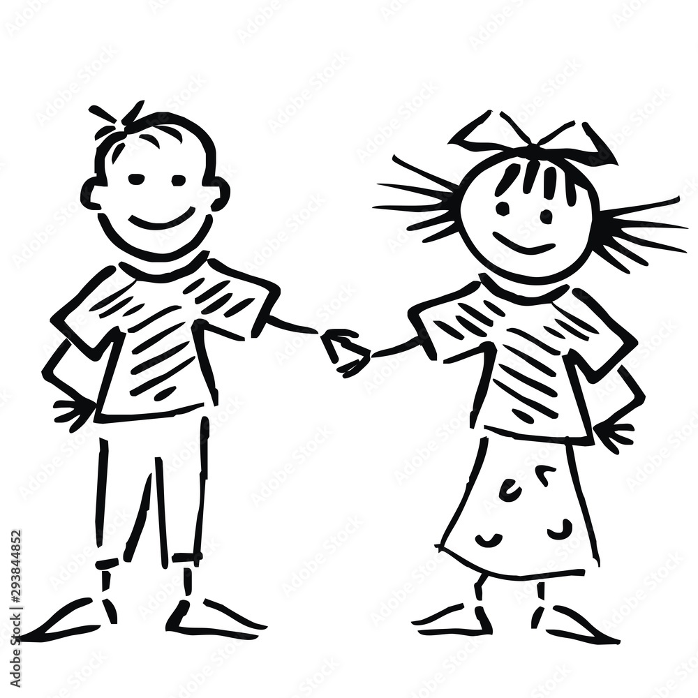 Two happy little children, small smiling girl and boy, funny vector illustration. Dancing pair. Hand drawing picture. Black sketch on white background, contour drawing. Two happy little children, small smiling girl and boy, funny vector illustration. Dancing pair. Hand drawing picture. Black sketch on white background, contour drawing.