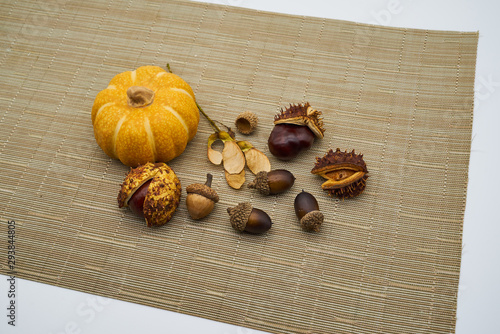 Festliche Dekoration mit Kürbis, Kastanien und Eicheln auf strukturiertem braunem Hintergrund für Thanksgiving oder Halloween.