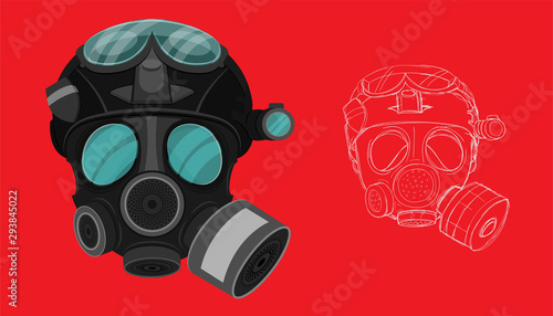 isolated and sketch drawing gas face mask on red background. vector illustration eps10