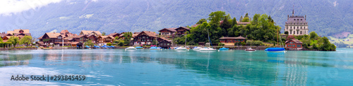 Panorama of the Swiss village of Iseltwald on the famous Lake Brienz. Switzerland.