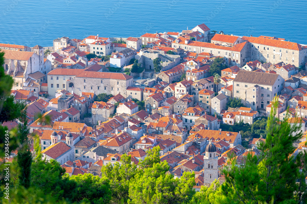 Scenic aerial view of Dubrovnik city on a sunny morning.