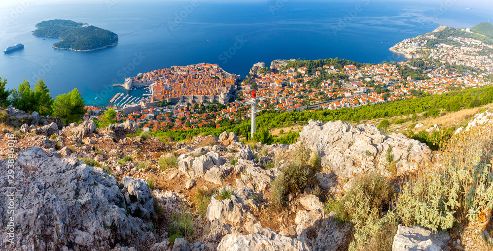 Panoramic aerial view of Dubrovnik on a sunny morning.