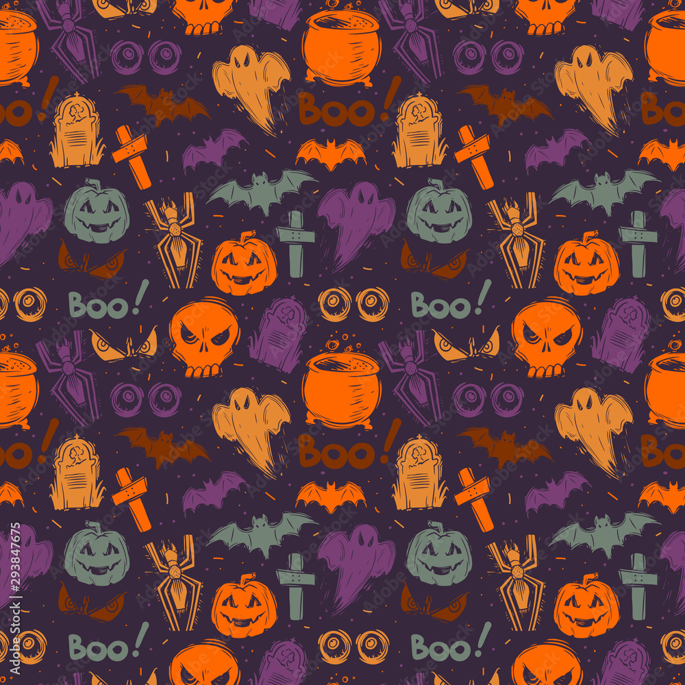 Abstract seamless halloween pattern for girls, boys, clothes. Creative background with dots, scary figures Funny wallpaper for textile and fabric. Fashion style. Colorful bright