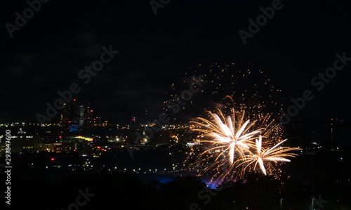 The aerial view of fireworks above Niagara River and falls
