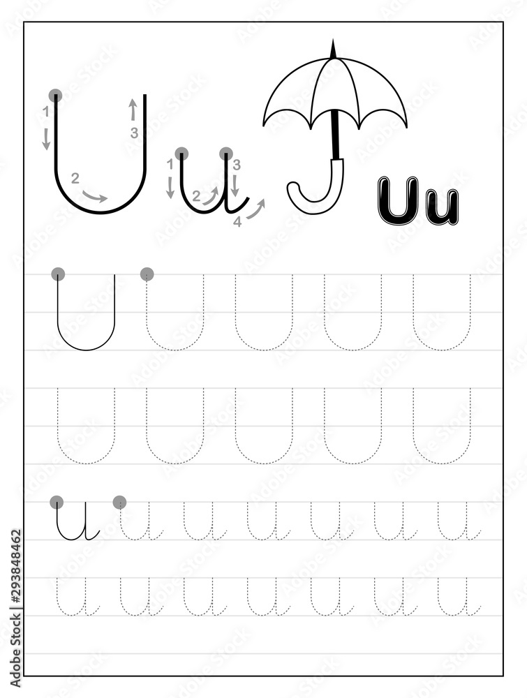 tracing alphabet letter u black and white educational pages on line for kids printable worksheet for children textbook developing skills of writing vector for baby book back to school stock vector