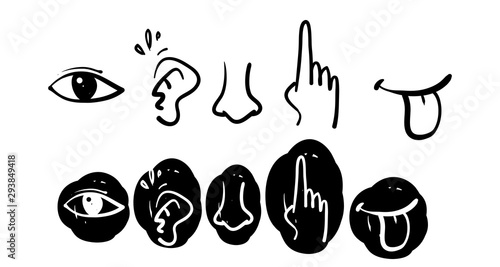 Icon set of five human senses. Vision eye, smell nose, hearing ear, touch hand, taste mouth with tongue doodle style