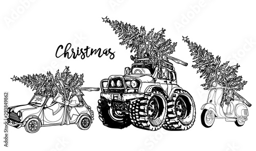 Christmas csr vintage sketch with a Christmas tree on a white background