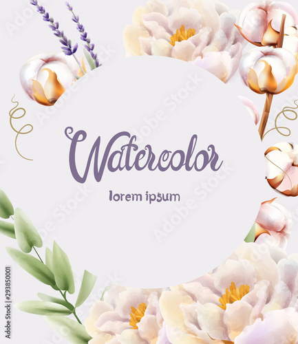 Watercolor greeting card with place for text. Peonies, cotton, lavender and g...