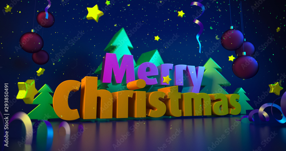 Christmas night colorful background. Greeting cards. Shining 3d illustration. Glowing stars with bright Merry Christmas wishes. Christmas snowflakes. 4K quality