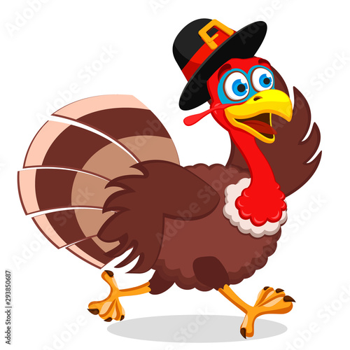 Turkey runs away holding his hat on a white, character. Thanksgiving day.