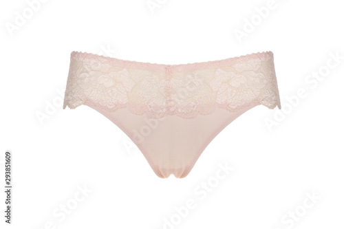 Beautiful female lacy beige panties isolated on white background. Sexy underwear