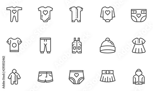 Baby clothes vector line icons set. Bodysuit, nappies, underpants, shorts, dress. Editable stroke. 48x48 Pixel Perfect.