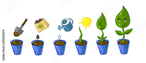 Cute cartoon potted plant with green leaves and cute face. Concept of growing process a new plant. Beautiful element for kawaii character design.