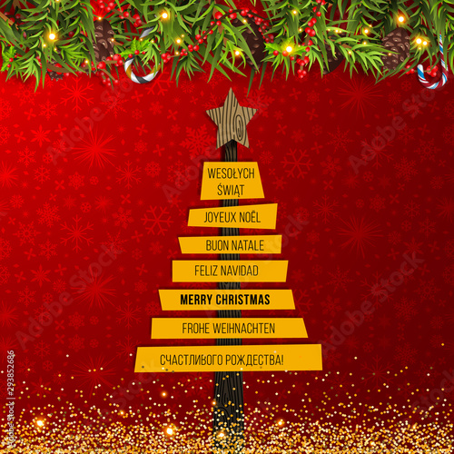 Merry Christmas Greeting Card with Different Languages (Joyeux Noël, Frohe Weihnachten, Buon Natale, Feliz Navidad, Счастливого рождества!, and Wesołych Świąt).