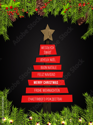 Merry Christmas Greeting Card with Different Languages (Joyeux Noël, Frohe Weihnachten, Buon Natale, Feliz Navidad, Счастливого рождества!, and Wesołych Świąt).
