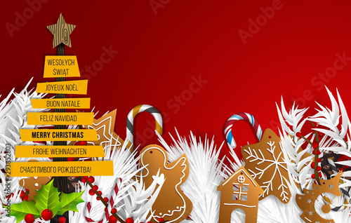 Merry Christmas Greeting Card with Different Languages (Joyeux Noël, Frohe Weihnachten, Buon Natale, Feliz Navidad, Счастливого рождества!, and Wesołych Świąt).