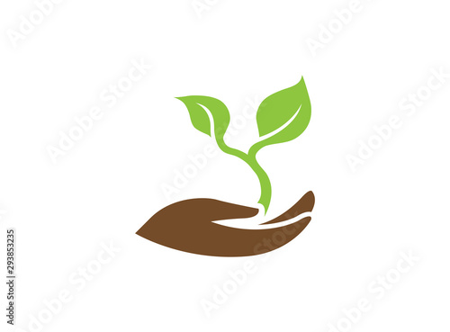 leaves in hand for plant care for logo design illustration on white background