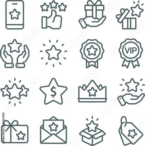 Loyalty Program icons set vector illustration. Contains such icon as VIP, Benefit, Voucher, Exclusive, Badge, Winner and more. Expanded Stroke photo