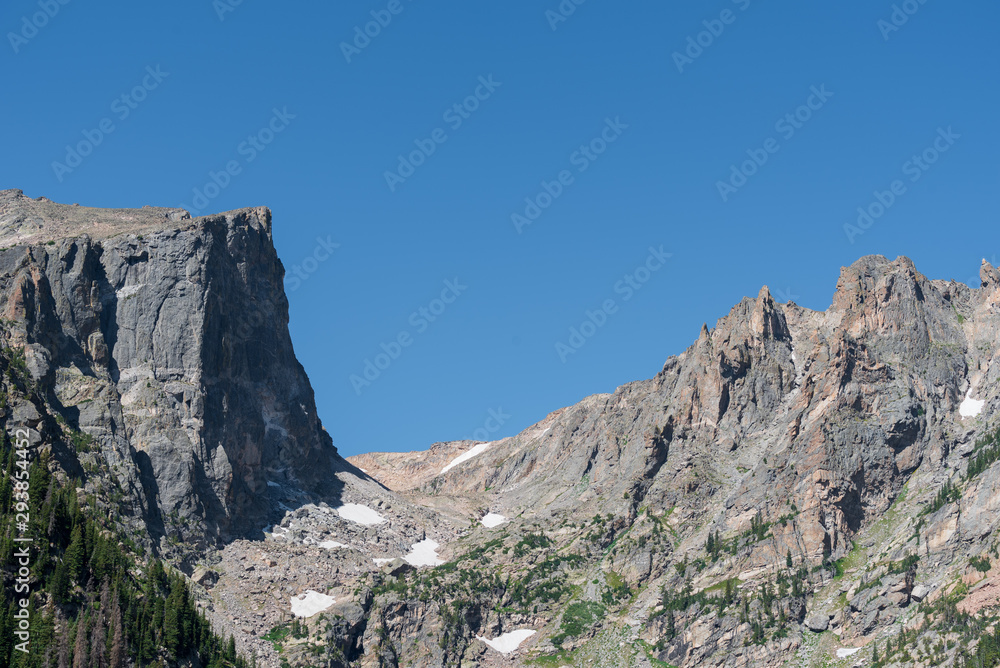 Rocky Mountain National Park low angle landscape of grey granite mountain peaks near Emerald Lake Rocky Mountain National Park low angle landscape of grey granite mountain peaks near Emerald Lake