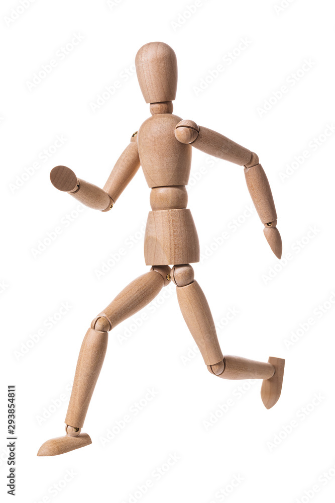 Wooden man Isolated on a white background. Gestalt in the shape of a running man Wooden man Isolated on a white background. Gestalt in the shape of a running man