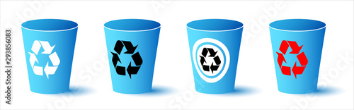 Set of realistic plastic or paper cups. Blue coffee cups with recycle symbol sign isolated on white background. Stylish icons. Vector illustration.