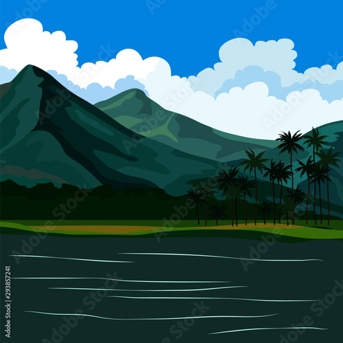 background, landscape view with mountains and palm trees
