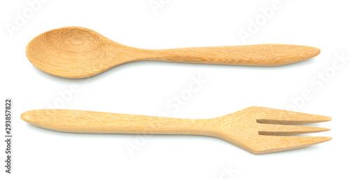 arrange fork and spoon wooden textured isolated on white background