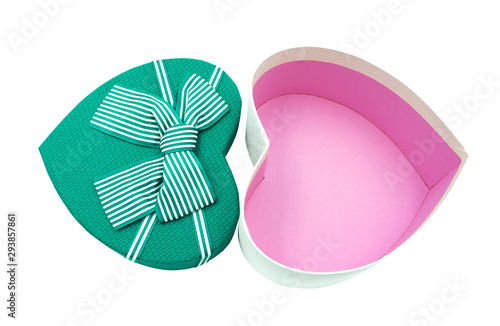 green and pink heart gift open box. A present give for love isolated on whited background with clipping path