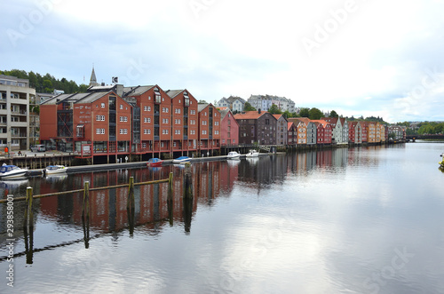 Wooden Colorful Houses Along the River in Trondheim, Norway