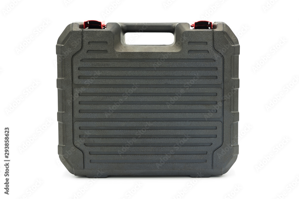 A portable portable black plastic toolbox standing isolated on white background A portable portable black plastic toolbox standing isolated on white background