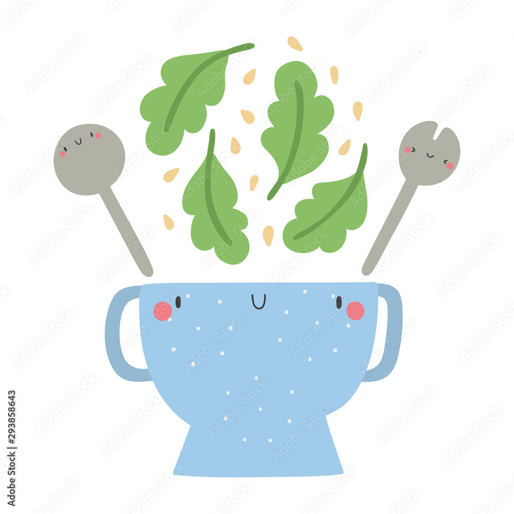 Cute Salad bowl with smiley face. Vector food illustration with plate